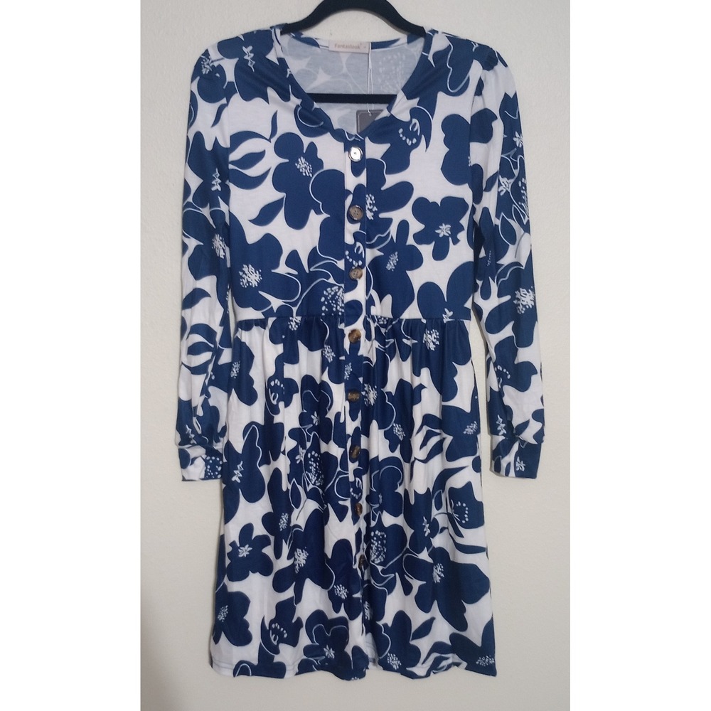 Fantaslook Blue White Floral Button Front Long Sleeve Elastic Waist Dress Small
